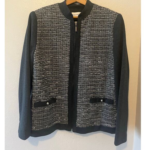 Womens Alfred Dunner Jacket Full Zip Pockets Long Sleeve Gray White Tweed Sz 14 - Picture 1 of 7